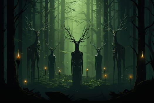 Deep within the mystical woodland realms of fantasy, ancient forest spirits stand as silent sentinels, their ethereal presence a testament to the wisdom and magic of the natural world.