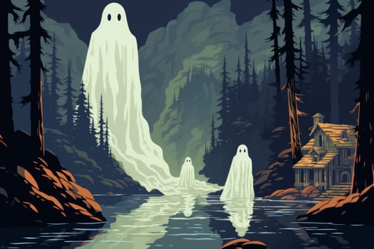 In the realm of fantasy, eerie and ethereal, ancient ruins and crumbling castles are shrouded in an unsettling atmosphere, haunted by ghostly apparitions.
