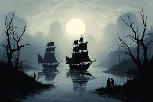 Embark on a haunting journey across the treacherous waters with this captivating illustration by a professional visual artist.