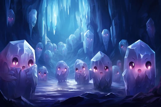 Deep within the realms of fantasy, mysterious icy caves hold untold treasures, guarded by glistening crystal golems.