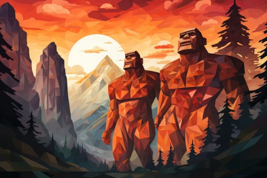 Embark on a fantastical journey where gargantuan giants, with their colossal stature, traverse the towering mountains with thunderous footsteps.