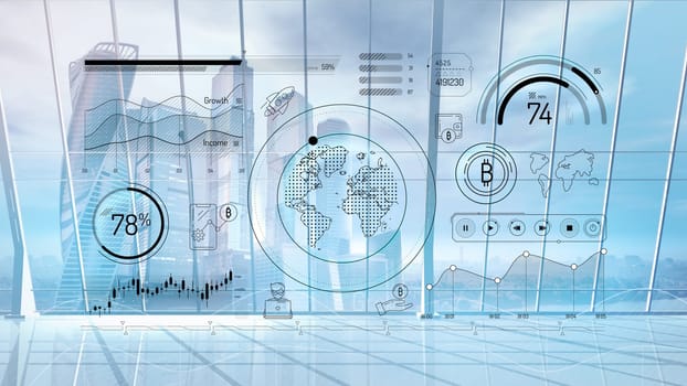 Blockchain algorithm and cryptocurrency themed infographic with abstract charts and planet Earth against a background of office buildings.