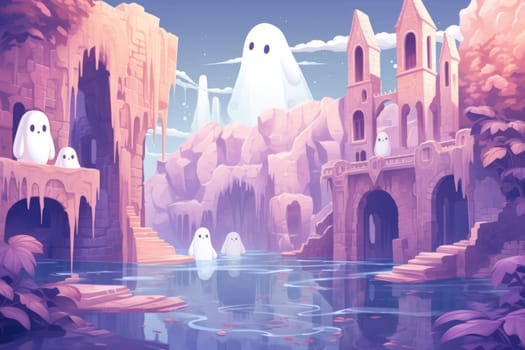 In the realm of fantasy, eerie and ethereal, ancient ruins and crumbling castles are shrouded in an unsettling atmosphere, haunted by ghostly apparitions.