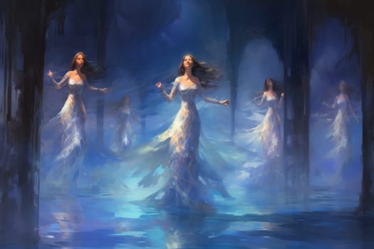 Imagine a mystical world where ethereal mermaids gracefully swim with flowing sapphire tails, enchanting all who gaze upon their mesmerizing beauty.