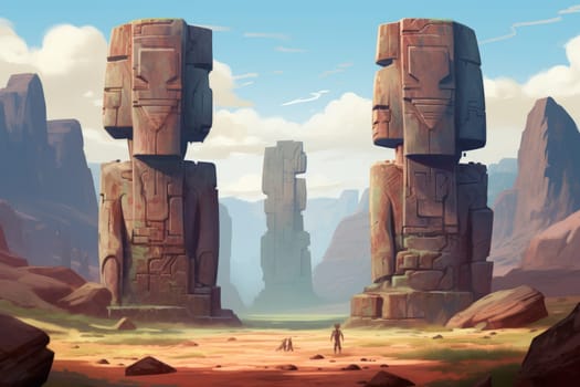 Behold the majestic marvels of the past - ancient stone colossi, towering giants hewn from the very bedrock itself.