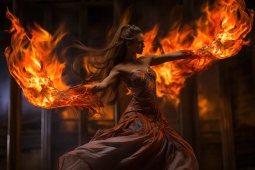 Within the realm of fantasy, elegant phoenix dancers grace the stage, their mesmerizing performances engulfed in flames.