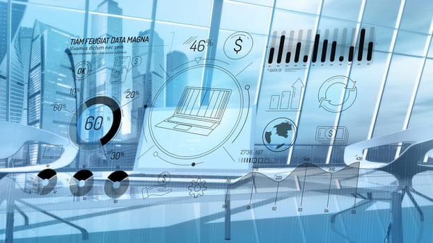 Infographics detailing transfers on the global money market that track exchange rates in the context of skyscrapers.