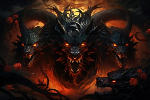In the realm of fantasy, ferocious shadow dragons dominate the skies, their majestic forms wreathed in darkness.