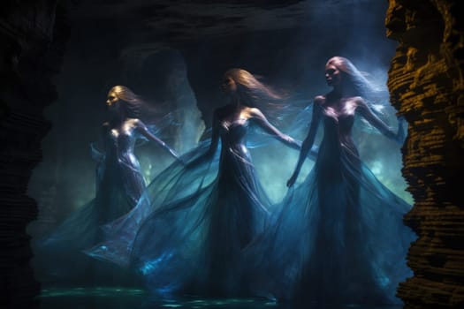 Imagine a mystical world where ethereal mermaids gracefully swim with flowing sapphire tails, enchanting all who gaze upon their mesmerizing beauty.
