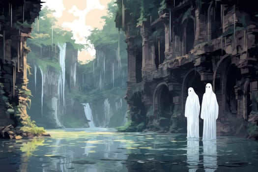 In the realm of fantasy, eerie and ethereal, ancient ruins and crumbling castles are shrouded in an unsettling atmosphere, haunted by ghostly apparitions.