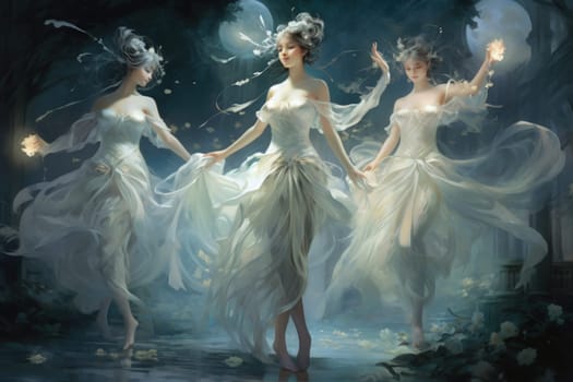 In the realm of fantasy, graceful moonlit dancers captivate with their ethereal movements, perfectly synchronized with the celestial rhythms.