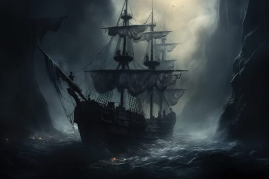 Embark on a haunting journey across the treacherous waters with this captivating illustration by a professional visual artist.
