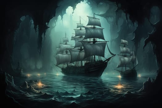 Embark on a haunting journey across the treacherous waters with this captivating illustration by a professional visual artist.