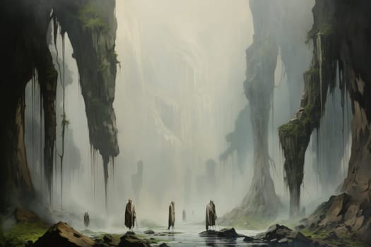 Embark on a fantastical journey where gargantuan giants, with their colossal stature, traverse the towering mountains with thunderous footsteps.