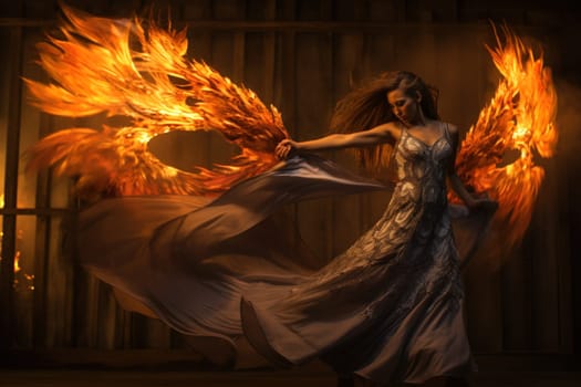 Within the realm of fantasy, elegant phoenix dancers grace the stage, their mesmerizing performances engulfed in flames.