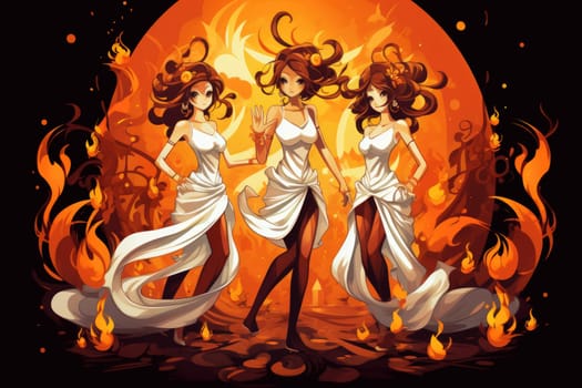 Within the realm of fantasy, elegant phoenix dancers grace the stage, their mesmerizing performances engulfed in flames.