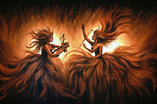 Within the realm of fantasy, elegant phoenix dancers grace the stage, their mesmerizing performances engulfed in flames.