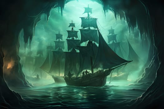 Embark on a haunting journey across the treacherous waters with this captivating illustration by a professional visual artist.
