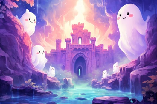In the realm of fantasy, eerie and ethereal, ancient ruins and crumbling castles are shrouded in an unsettling atmosphere, haunted by ghostly apparitions.