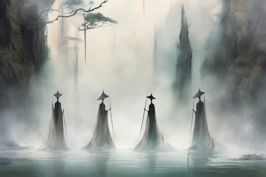 In the realm of fantasy, ethereal mist guardians watch over sacred sites, their presence veiled in a shroud of mist and mystery.