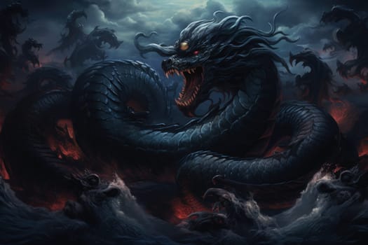 Dive into a fantastical realm where gigantic sea serpents, with their immense coils, slither through treacherous waters.