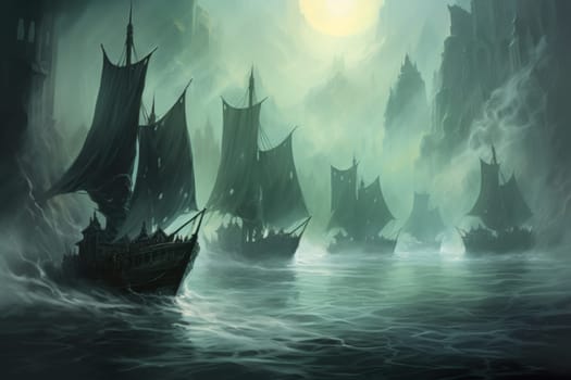 Embark on a haunting journey across the treacherous waters with this captivating illustration by a professional visual artist.