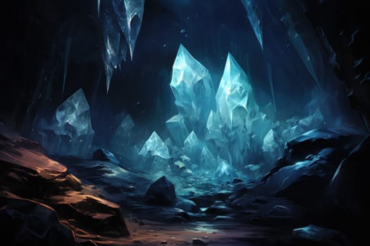 Deep within the realms of fantasy, mysterious icy caves hold untold treasures, guarded by glistening crystal golems.