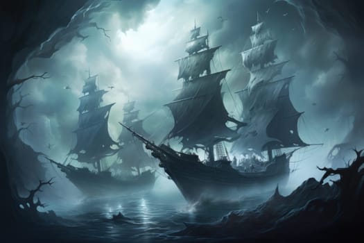 Embark on a haunting journey across the treacherous waters with this captivating illustration by a professional visual artist.