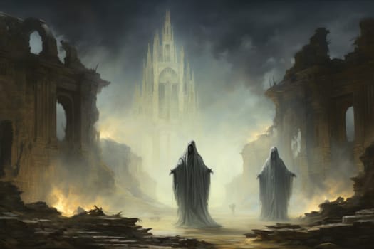 In the realm of fantasy, eerie and ethereal, ancient ruins and crumbling castles are shrouded in an unsettling atmosphere, haunted by ghostly apparitions.