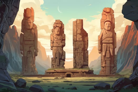 Behold the majestic marvels of the past - ancient stone colossi, towering giants hewn from the very bedrock itself.