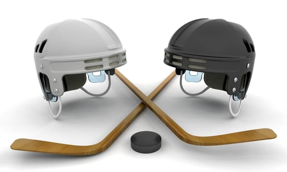 Ice hockey helmets, sticks and puck