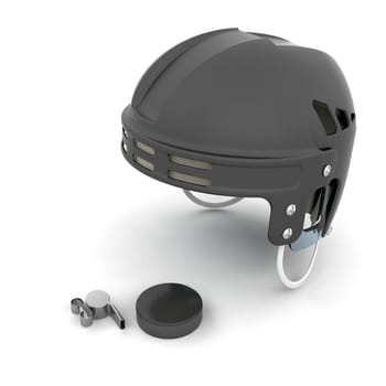 Ice hockey helmet, puck and whistle