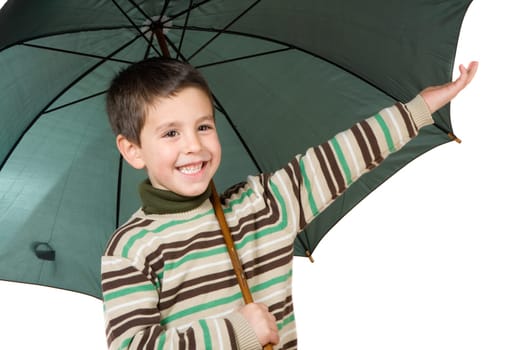 Adorable boy with open umbrellas