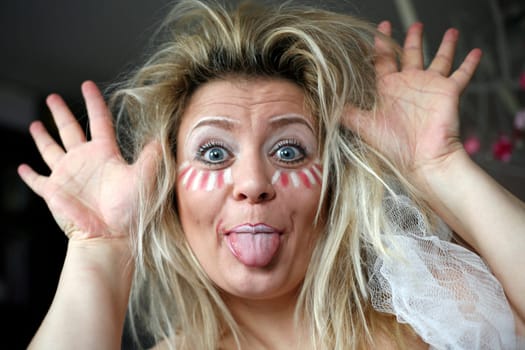 costumed woman doing faxing