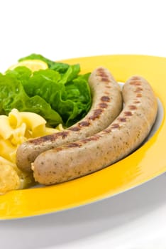 Bratwurst with noodles,salad