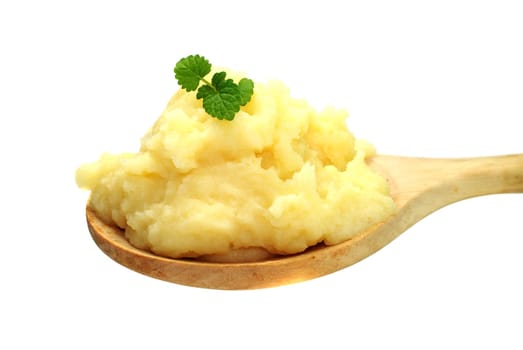Mashed potatoes on wooden spoon