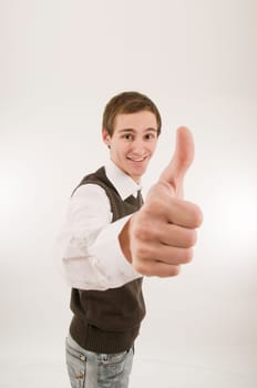 man gesturing thumbs up wide