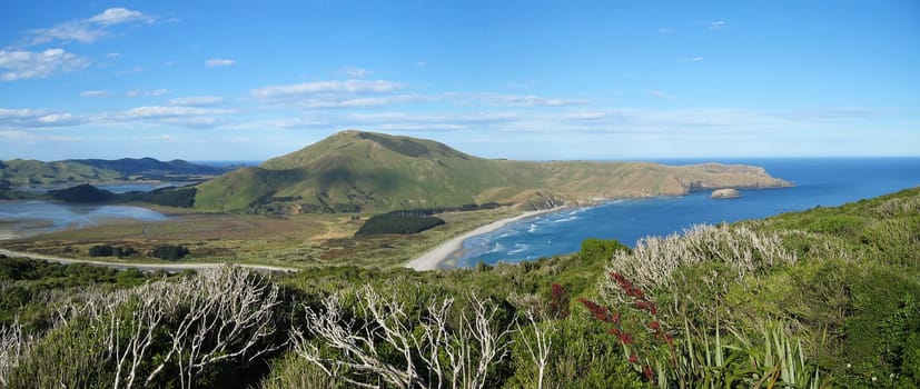 Panoramic view of the coastal landscape at Hoopers Inlet on the Otago Peninsula