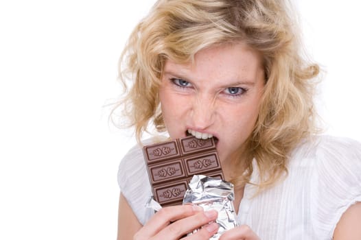Young woman with bar of chocolate