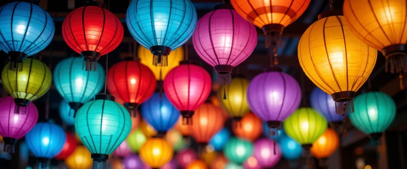 A row of colorful lanterns hanging from the ceiling. The lanterns are of different colors and sizes, creating a vibrant and lively atmosphere