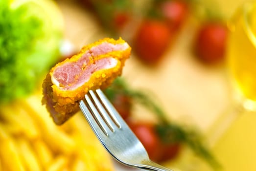 Breaded Cordon Blue schnitzel with vegetables