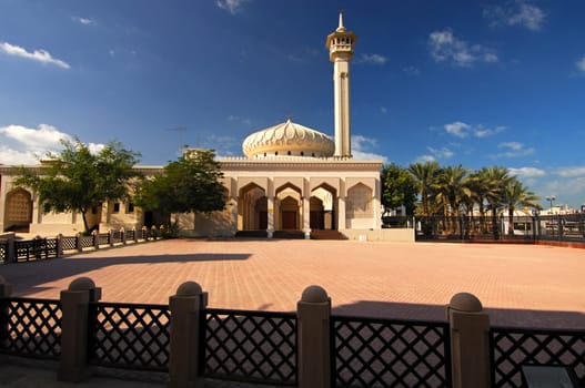 Dome and minaret of a new mosque in the Bastakiya district,Bur Dubai
