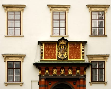 Swiss Gate,inscription and coat of arms above the doorway,Hofburg,Vienna,Oester