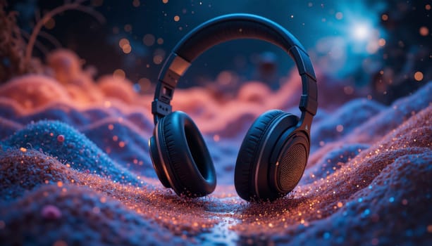 A pair of headphones is on a sandy beach. The headphones are black and the beach is blue and pink