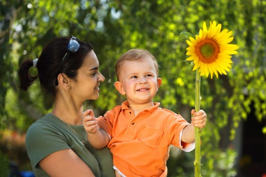 Mother and baby in summer