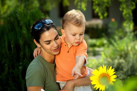 Mother and baby in summer