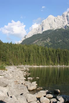 Eibesee in front of the Zugspitze massif in Bavaria