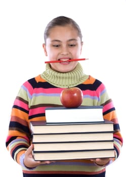 Busy student girl with many books