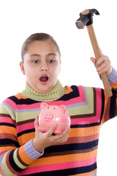 Surprised girl break the money-box
