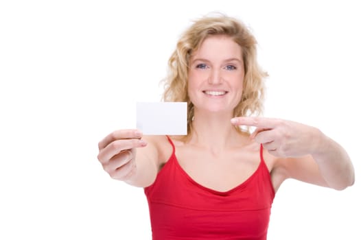 Woman with blank business card